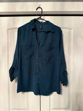 Massini Teal Striped Button-Down Blouse